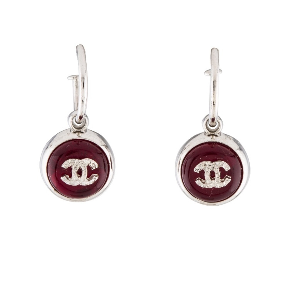 Chanel Silver Tone CC Resin Hoop Earrings